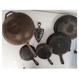 6 VTG Cast Iron Skillets & 1 Decorative Cast PC