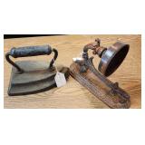 Two Cast Iron PCS Sad Iron & Candle Holder