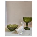 Green Glass Bowls & Ceramic Duck