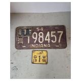 1954 Indiana License Plate w/ Tags