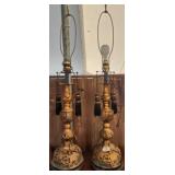MCM Ornate Gold Gilt Table Lamps Pair with Tassels