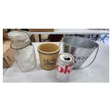 Lot Of 3 Ball Jar W Lid/Ad Crock & Small Bucket