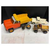 Tonka dump truck (broken) and 2 small trucks