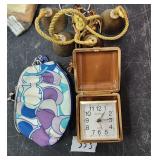 VTG Lot Fold Up Desk Clock, Coin Purse & Bells