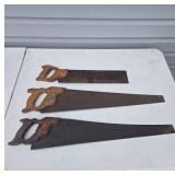 Three Metal Hand Saws with Wooden Handles