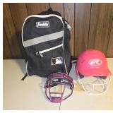 Baseball Helmet, Face Guard, and Backpack