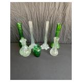 Six Green and Clear Glass Vases