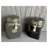 Two Black Ceramic Coffee Canisters