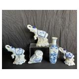Blue and White Ceramic Figures and Vase Set