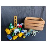 Toy Lot with Wooden Storage Crate