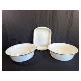 Three White Enamelware Pans