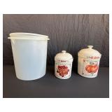 Ceramic Canisters and Tupperware Container