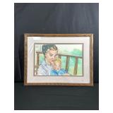 Framed Watercolor of Woman With Child