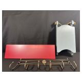 Wood Sled, Red Shelf, and Metal Coat Hooks