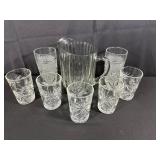 Glass Pitcher With Seven Assorted Glasses