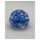 Handcrafted Glass Paperweight with Blue Flowers