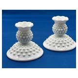Fenton Milk Glass Hobnail Candlestick Holders