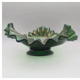 Fenton Green Stippled Rays Carnival Glass Bowl