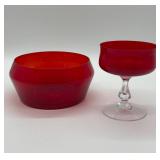 Red Glass Bowl and Stemmed Glass Set
