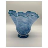Blue Art Glass Vase with Ruffled Rim