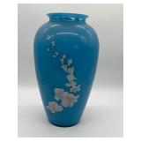 Blue Satin Glass Floor Vase with Orchid Motif
