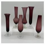 Six Amethyst Glass Vases with Clear Bases