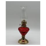 Red Glass and Brass Oil Lamp, 10 Inches