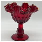 Fenton UV Reactive Ruby Red Thumbprint Compote