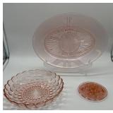 Pink Glass Platter, Bowl, and Frog Set
