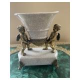 Vintage Bronze and Ceramic Cherub Vase Centerpiece