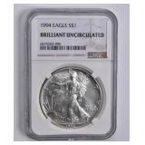 BU 1994 American Silver Eagle $1 NGC Brilliant Unc
