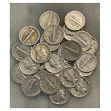 Lot of 25 Mercury Dimes 1/2 Roll 90% Silver Coin