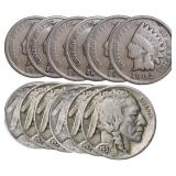 Lot x 12 Coins 6 Indian Head & 6 Buffalo Nickels
