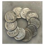 Lot of 10 Roosevelt Dimes 1946-1964 90% Silver