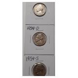 JEFFERSON NICKELS- 1954-P 1954-D 1954-S
