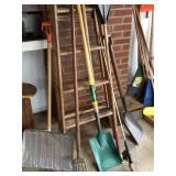 6 FOOT WOODEN LADDER  and HAND TOOLS