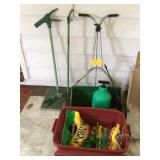 LAWN SPREADER, PRUNERS, and TUB of LAWN CARE