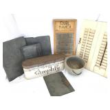 WOODEN SHUTTER, SLATE, WASHBOARD & VINTAGE BUCKET