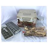 VINTAGE ICE CUBE TRAYS, GOLD FLATWARE, & GLASSWARE