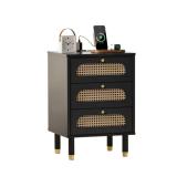 Black Rattan Nightstand with Charging Station
