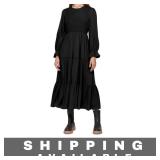 Women's Black Long-Sleeve Tiered Midi Dress Small