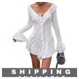 White Long Flare Sleeve Tunic with Ruffle Trim New
