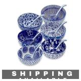 Blue Ceramic Soup Bowl Set of 6 w/ Spoons NIB