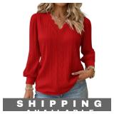 Womens Red V Neck Long Sleeve Blouse Large New