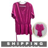 Women Belted V-Neck Flared Top Rose Red XL New