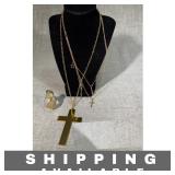 3 Gold  Cross Necklaces &  Holy Water Bottle