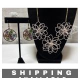 2 Flower Dangle Earrings & Necklace Flower Pendant
