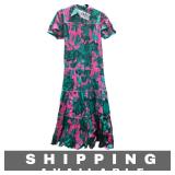 Midi Tiered Dress Pink & Green Floral Print Large