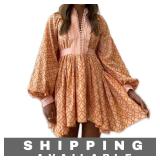 Orange Dress Floral Bohemian Lantern Sleeve L New