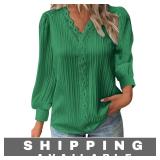 Blouse V Neck Ruffle Lace Green L
